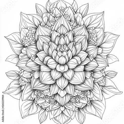 Ornate floral bouquet design, intricate line art, coloring page, detailed flower arrangement photo