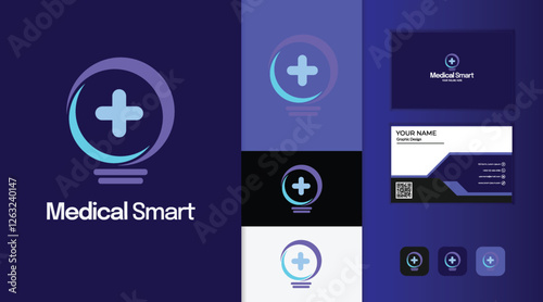 design logos include business cards, a logo with a combination of a bulb and a medical cross, suitable for health companies, clinics and the like