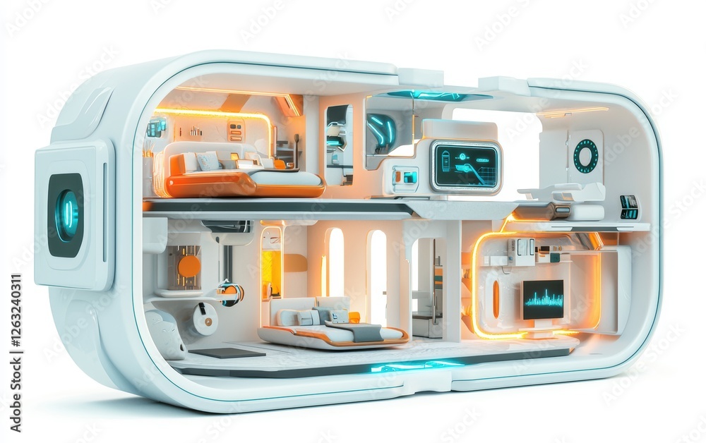 Obraz premium 3D icon cartoon of a sleek high-tech apartment cutaway with smart home devices, LED lighting, and futuristic furniture, isolated on a white background