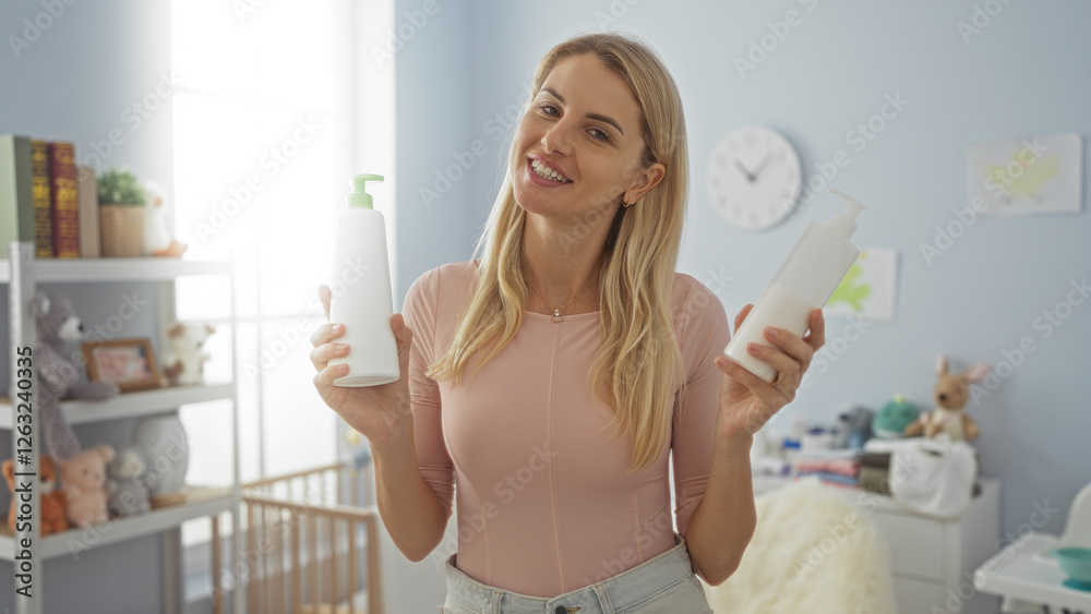 Woman smiling in bedroom holding lotion bottles, with nursery decor in background, conveying a nurturing and homey atmosphere. Woman smiling in bedroom holding lotion bottles, with nursery decor in background, conveying a nurturing and homey atmosphere.