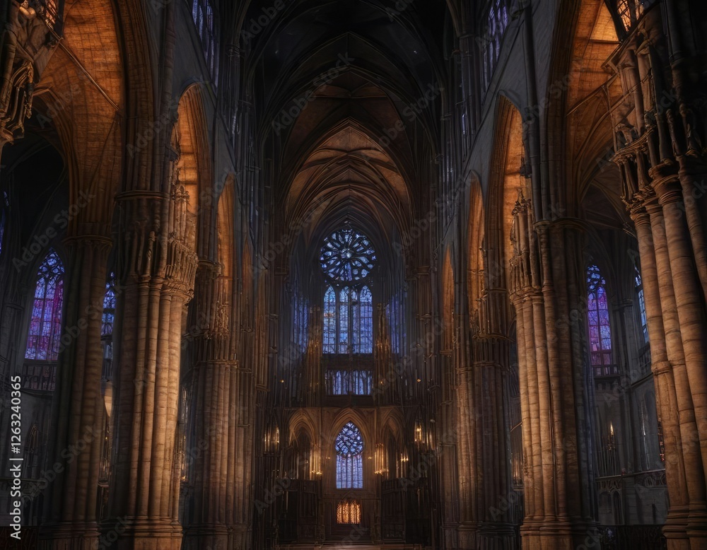 Fototapeta premium Towering Gothic cathedral illuminated by night lights , night light, sky, arch