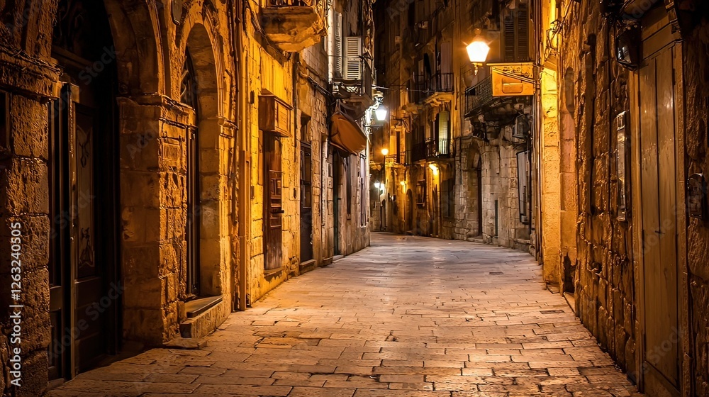 Fototapeta premium Narrow cobblestone alleyway at night, with warm golden light from street lamps illuminating historic stone buildings.