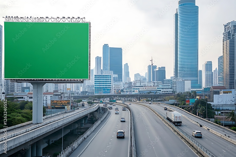 Naklejka premium Empty Green Screen Billboard on Highway Overpass in Cityscape
