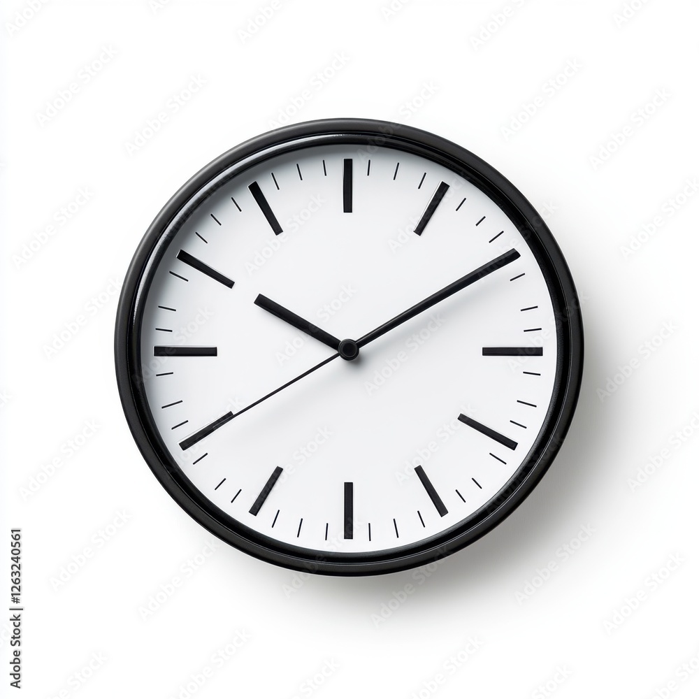 Black Wall Clock with Minimalist Design and Simple Hour and Minute Hands on White Background Black Wall Clock with Minimalist Design and Simple Hour and Minute Hands on White Background