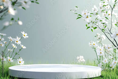 A stone display stand in white tones and a natural background that gives a refreshing feeling. Ai generate.