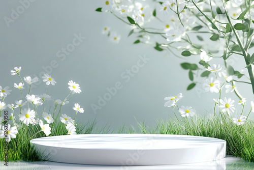 A stone display stand in white tones and a natural background that gives a refreshing feeling. Ai generate.