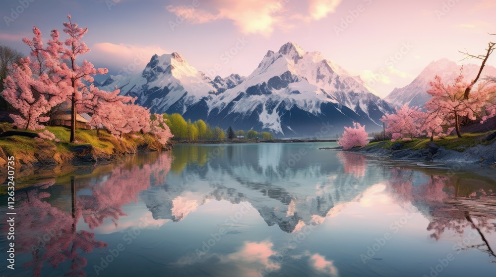 Obraz premium Breathtaking Spring Mountain Landscape with Snow-Capped Peaks and Clear Lake