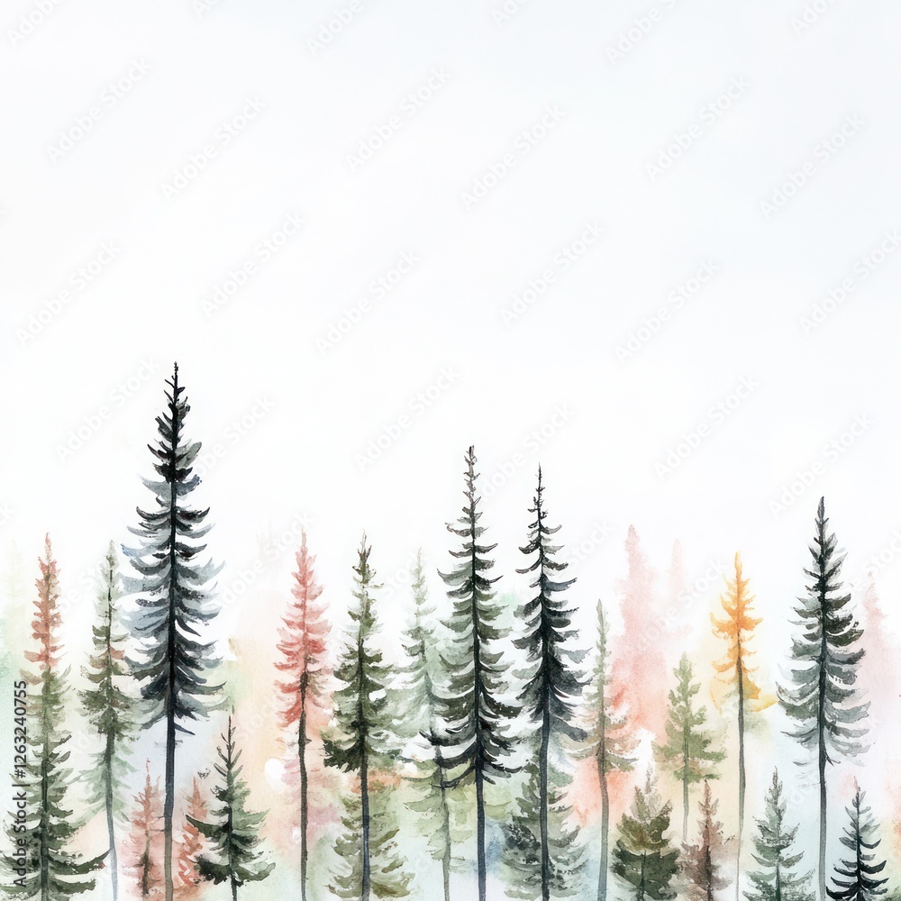 Fototapeta premium Watercolor Painting of a Misty Evergreen Forest
