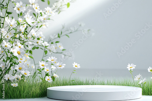 A stone display stand in white tones and a natural background that gives a refreshing feeling. Ai generate.