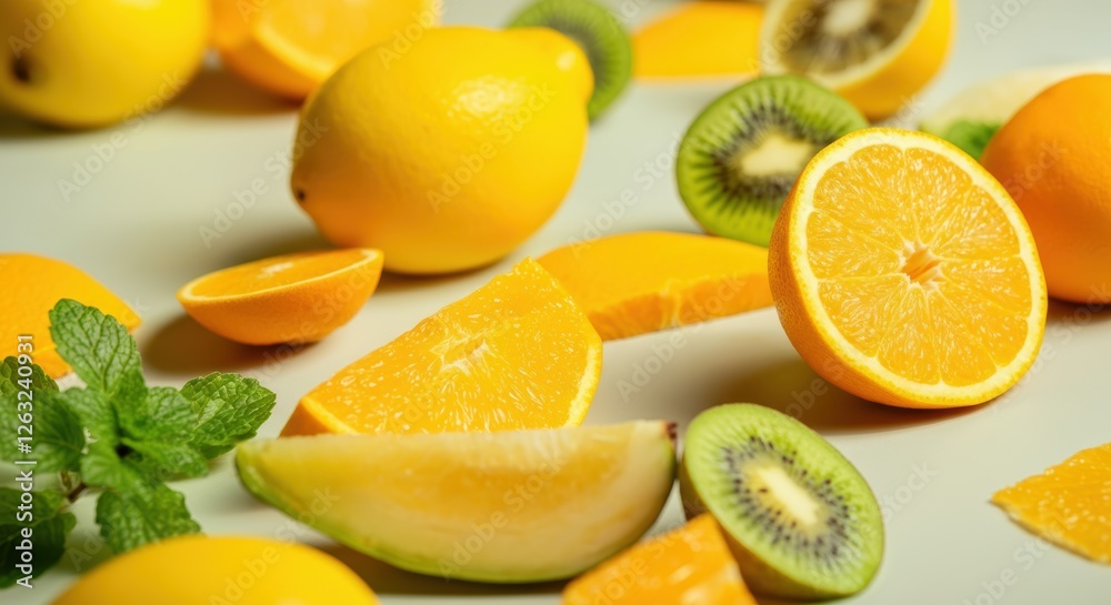 Vibrant assortment of citrus and tropical fruits with mint leaves Vibrant assortment of citrus and tropical fruits with mint leaves