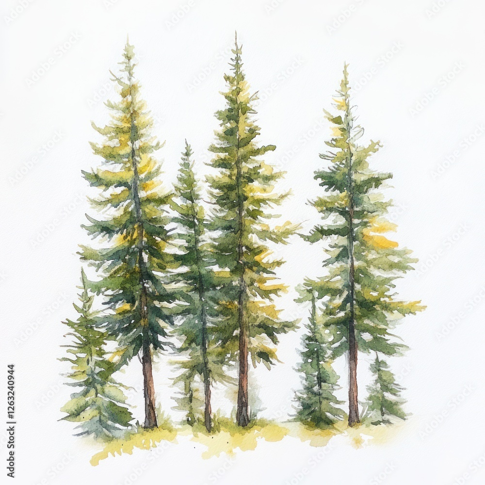 Obraz premium Watercolor Painting of Evergreen Trees in a Forest
