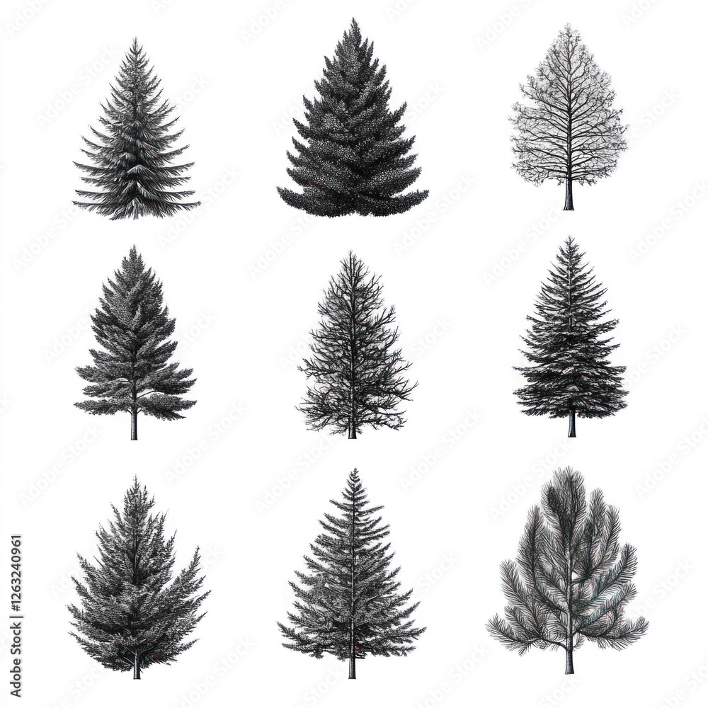 Obraz premium Nine Detailed Drawings of Various Evergreen Trees