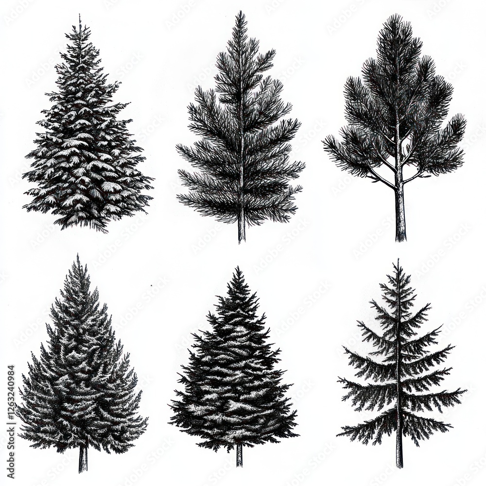 Fototapeta premium Six Ink Drawings of Evergreen Trees Isolated on White