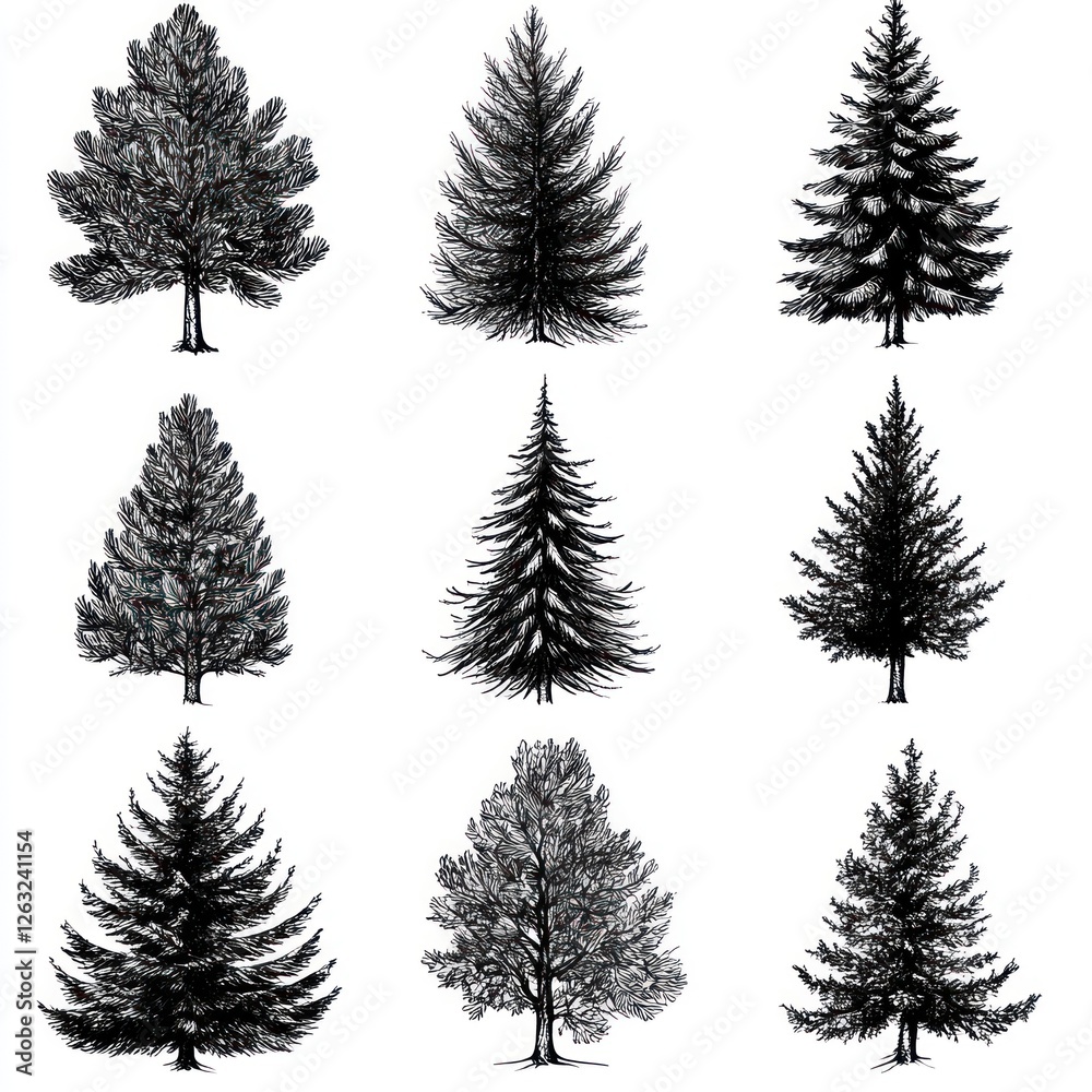 Obraz premium Nine Ink Drawings of Coniferous Trees Isolated on White