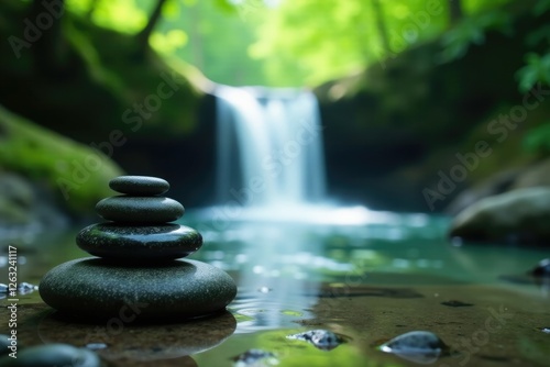 Tranquil Zen stones nestled beside a crystal clear waterfall in lush green forest surroundings, water, landscape