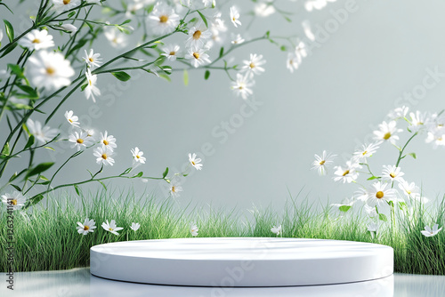 A stone display stand in white tones and a natural background that gives a refreshing feeling. Ai generate.