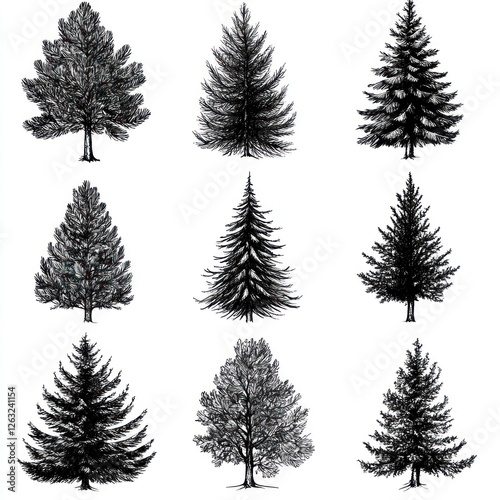 Nine Ink Drawings of Coniferous Trees Isolated on White