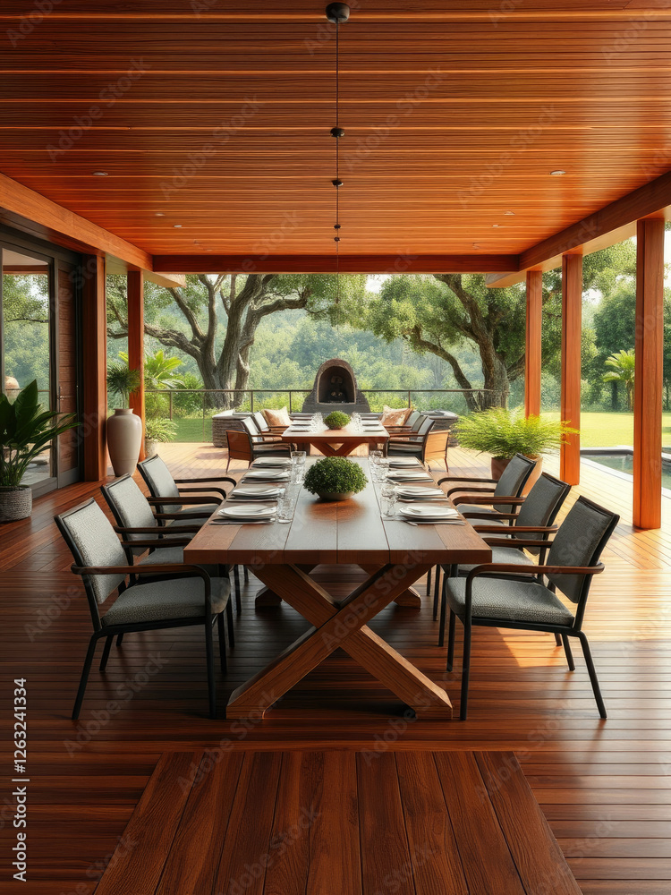 Fototapeta premium Trendy outdoor dining space with wooden table and chairs on deck, modern, brickwork, stylish, outdoor entertainment, hipster