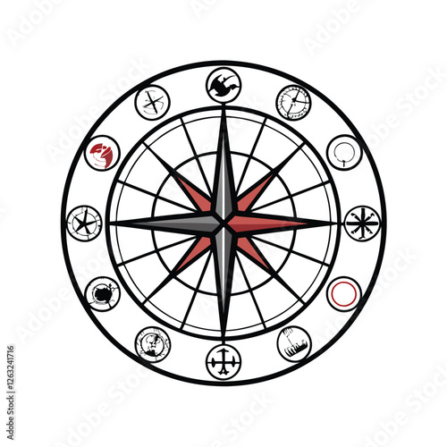 Create an editable stroke vector graphic of a compass encircled by a decorative border, suitable for navigation-themed designs.