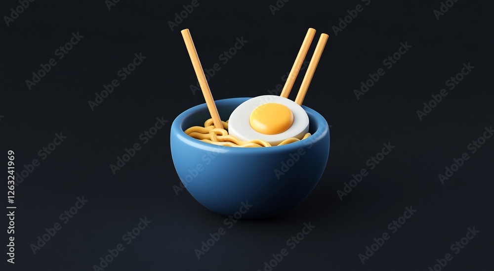 3D render of a blue bowl of noodles with a fried egg and chopsticks. 3D render of a blue bowl of noodles with a fried egg and chopsticks.