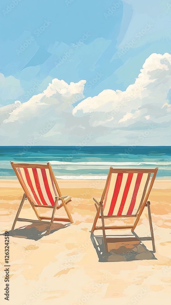 Two red and white striped beach chairs standing on golden sand facing turquoise ocean waters under fluffy white clouds and bright blue summer sky, perfect vacation scene. Two red and white striped beach chairs standing on golden sand facing turquoise ocean waters under fluffy white clouds and bright blue summer sky, perfect vacation scene.