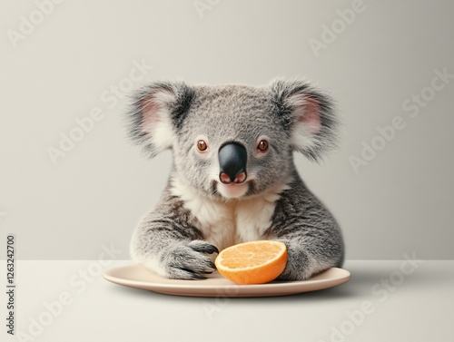 Cute koala bear sitting at a table, enjoying a slice of orange. photo