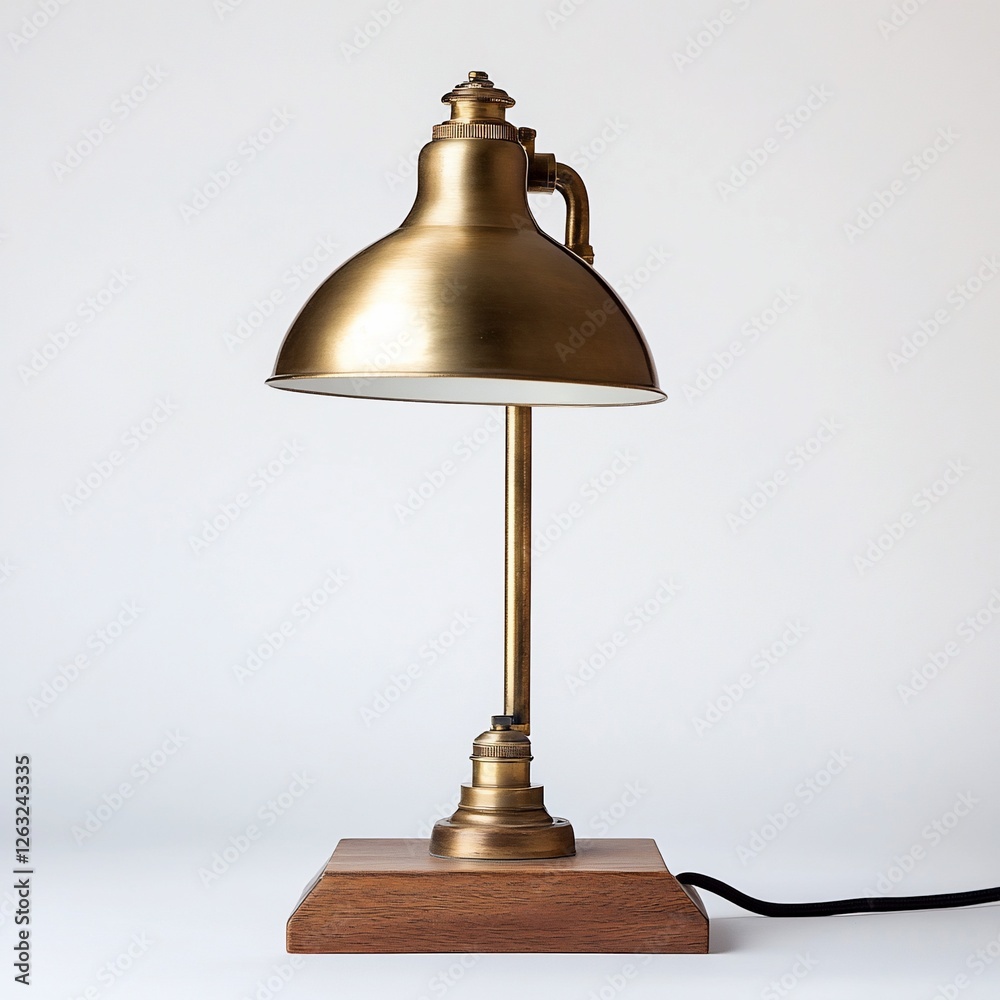 Brass desk lamp with wood base, adjustable arm, and dome shade. Brass desk lamp with wood base, adjustable arm, and dome shade.