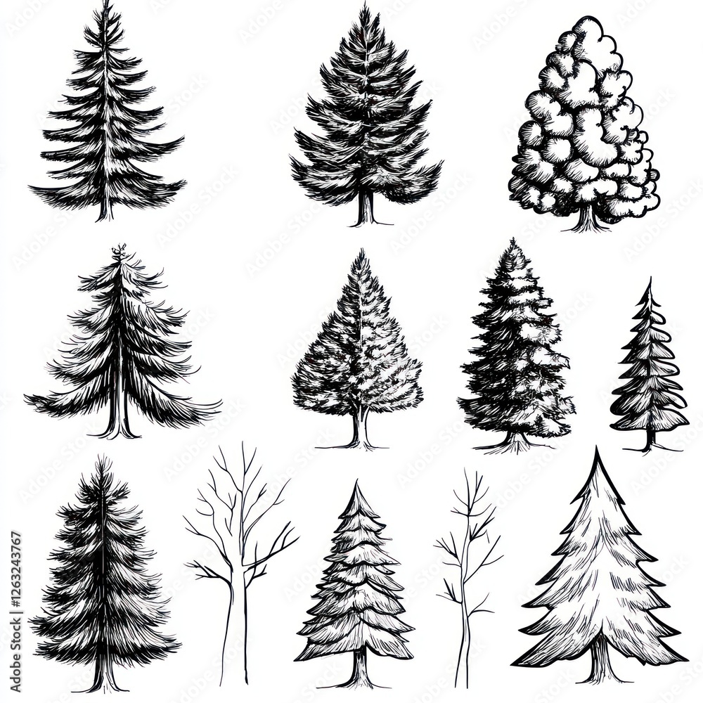 Obraz premium Twelve Ink Drawings of Various Trees and Conifers