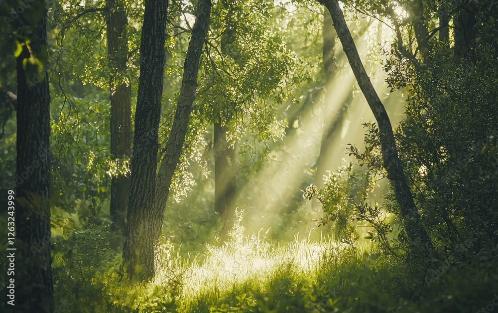 Fototapeta premium Lush green forest with sunlight filtering through tall trees peaceful nature scene