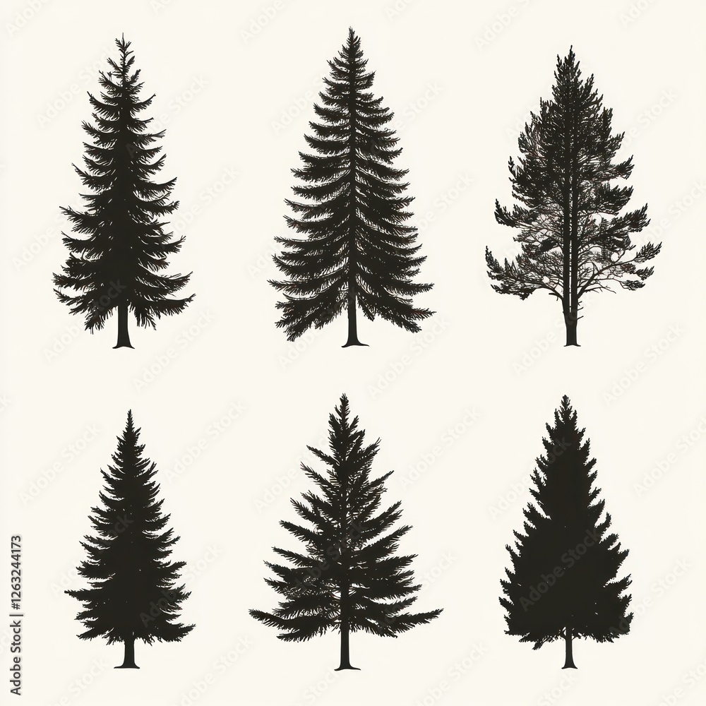 Fototapeta premium Six Black Silhouettes of Evergreen Trees on White