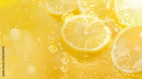 Fresh lemon slices submerged in sparkling water, creating a vibrant, refreshing scene