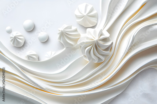Top view white whipped meringue splash, isolated on white background