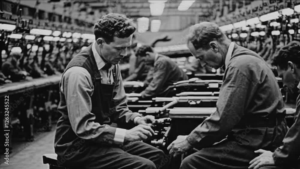 Black and white video still of factory workers assembling machinery. Low-angle shot captures the industrial, vintage atmosphere.