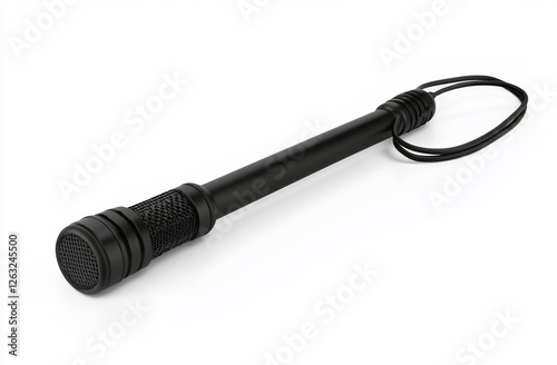 Black portable microphone with lanyard.