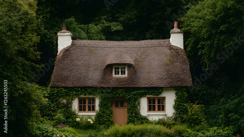 Quaint thatched cottage nestled in lush greenery. Timeless architecture and a serene setting evoke a sense of peace and rural charm. #ThatchedCottage photo