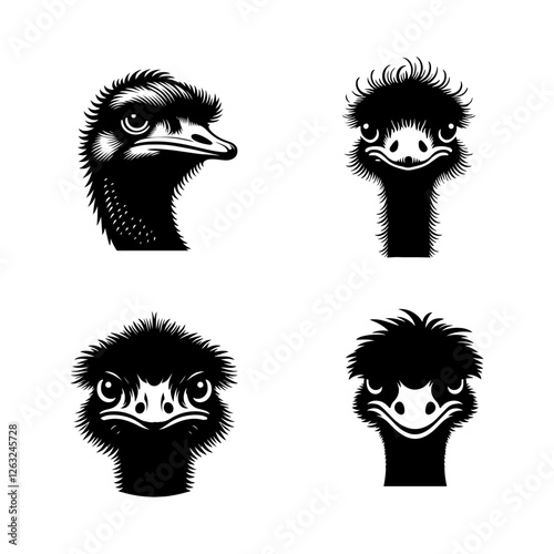 Ostrich Face Silhouette Vector Set - Bold Flightless Bird Illustration