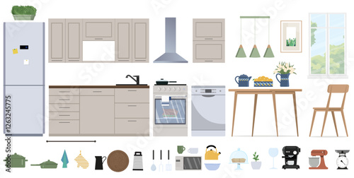 Set of vector interior elements. Cozy kitchen interior with furniture. Decor for the kitchen. Kitchen tools. Kitchen furniture. Refrigerator and oven, microwave, shelves for dishes, table. Vector.