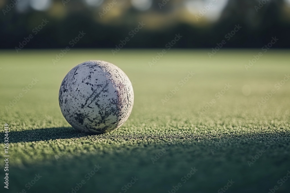 Worn white ball on green turf, outdoors, shallow depth of field. Worn white ball on green turf, outdoors, shallow depth of field.