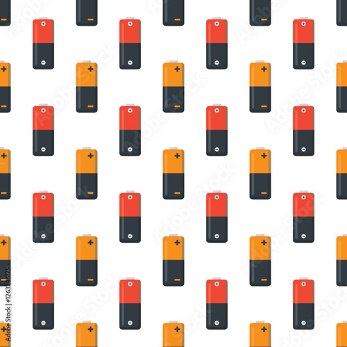 Seamless pattern with various battery icons. Texture pattern with battery indicator signs isolated on white background. Accumulator power elements, wallpaper template.