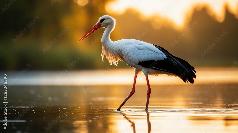 Naklejka premium White stork wading in golden sunset water.