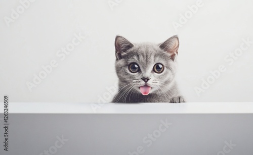 Playful grey kitten with tongue out peeking over a white surface. photo