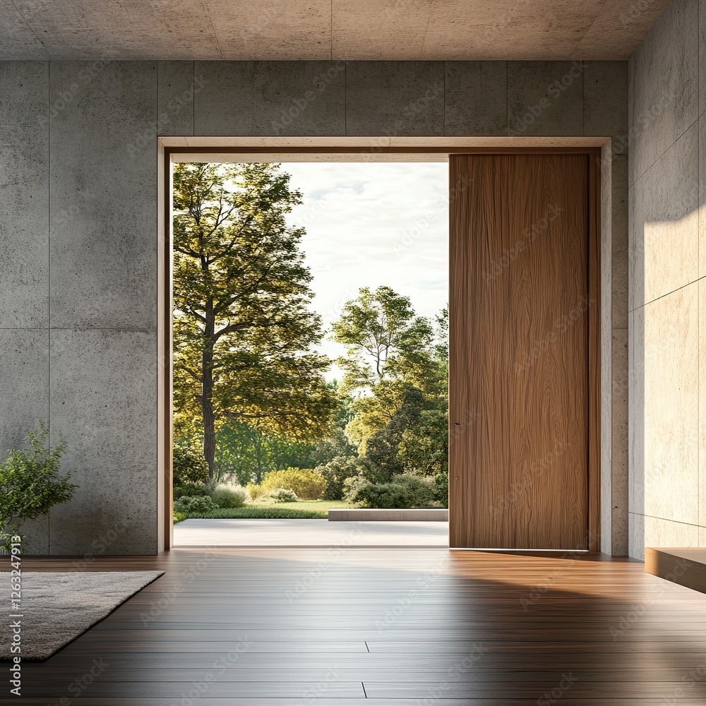 Fototapeta premium Modern loft empty room with open door to garden 3d render. Room. has concrete and wooden plank wall, panoramic window.