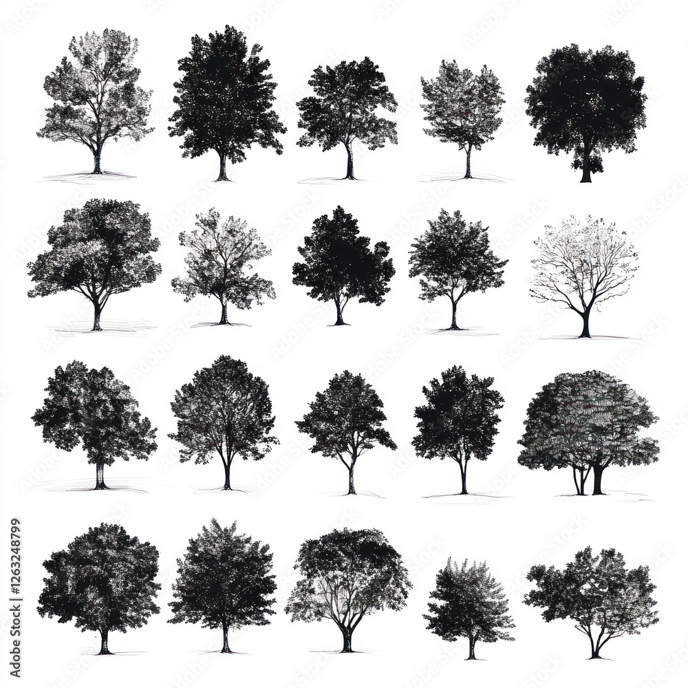 Fototapeta premium A Collection Of Twenty Four Diverse Tree Silhouettes