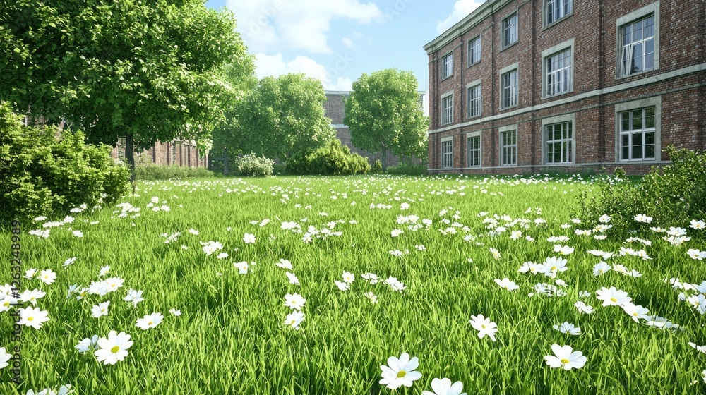 Daisies bloom in campus courtyard, sunny day Daisies bloom in campus courtyard, sunny day