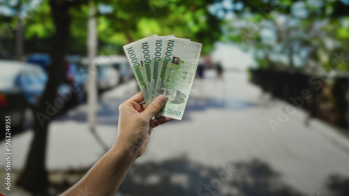 Tablou pe pânză Man holding south korean won banknotes on a city street, capturing the essence of finance and travel in an outdoor urban setting