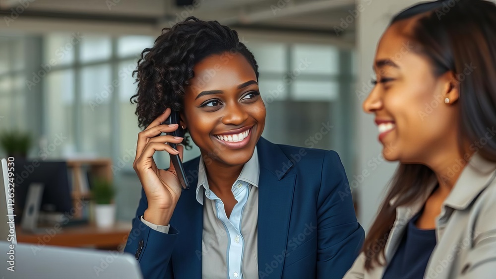 African American woman freelancer manager at workplace having pleasant phone conversation with client, smiling, African American, manager, freelancer African American woman freelancer manager at workplace having pleasant phone conversation with client, smiling, African American, manager, freelancer