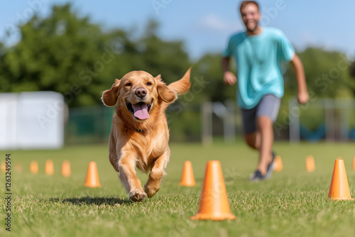 Golden retriever running an agility course with a man in the background, the dog is looking directly at the camera.