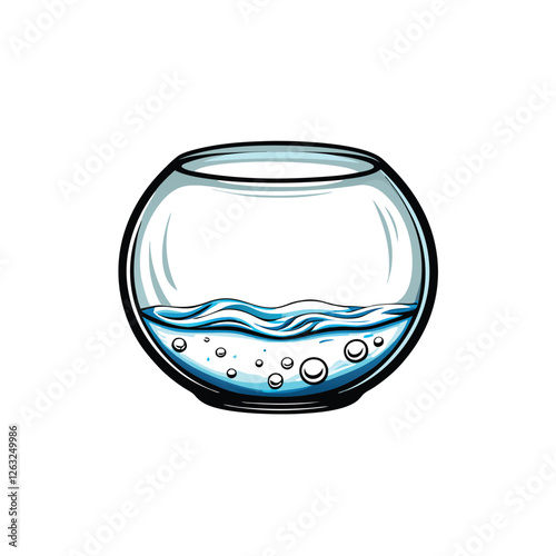 Create a clean, editable stroke vector graphic of a fishbowl containing water and a single goldfish.  Include realistic water ripples.