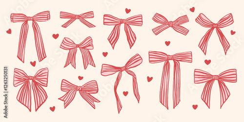 Set of hand drawn bows and ribbons in coquette style. Trendy vector illustration for poster, card, invitation 