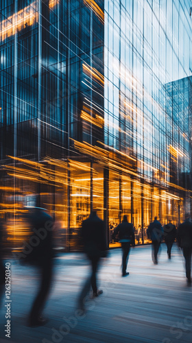 Movement of businessmen and office workers in workplaces and skyscrapers background. Ai generate.	
